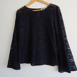 Loft Floral Lace Top Small Navy Blue Sheer Romantic Business Casual Feminine